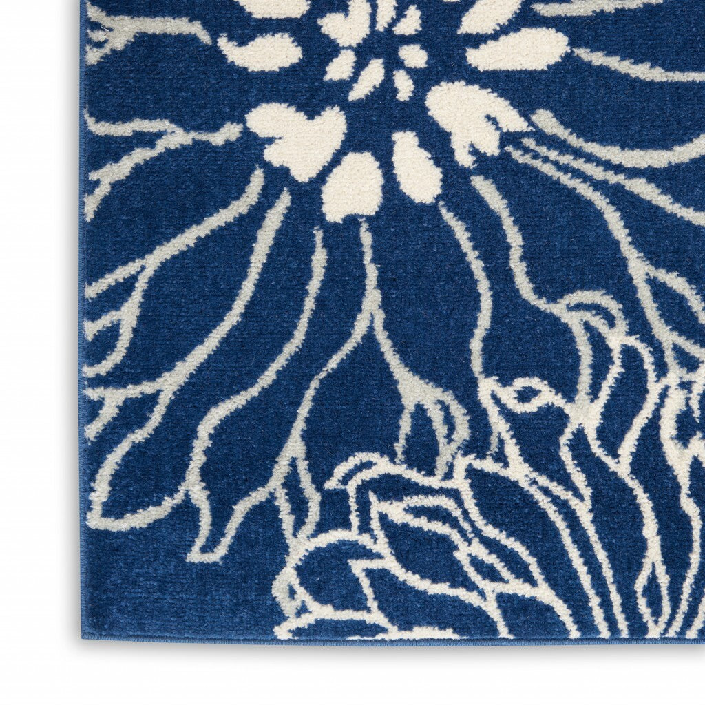 2' X 6' Navy And Ivory Floral Runner Rug