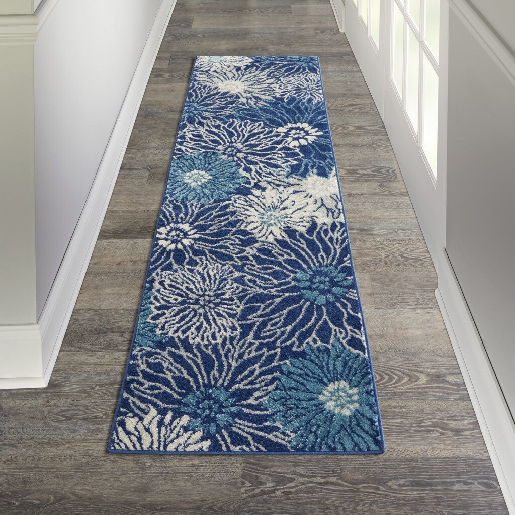 2' X 8' Navy And Ivory Floral Runner Rug