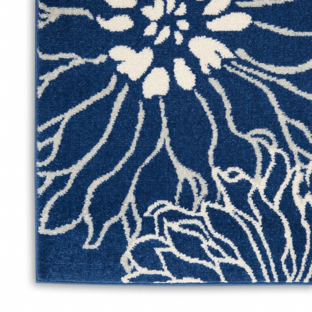 2' X 8' Navy And Ivory Floral Runner Rug