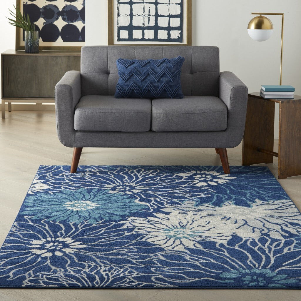 5' X 7' Navy And Ivory Floral Area Rug