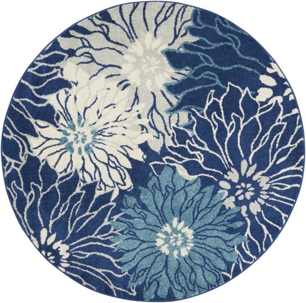 5' Round Navy And Ivory Floral Area Rug
