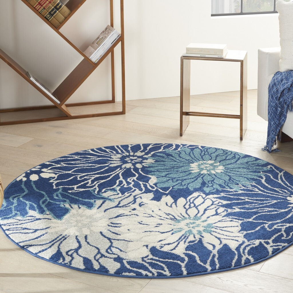 5' Round Navy And Ivory Floral Area Rug