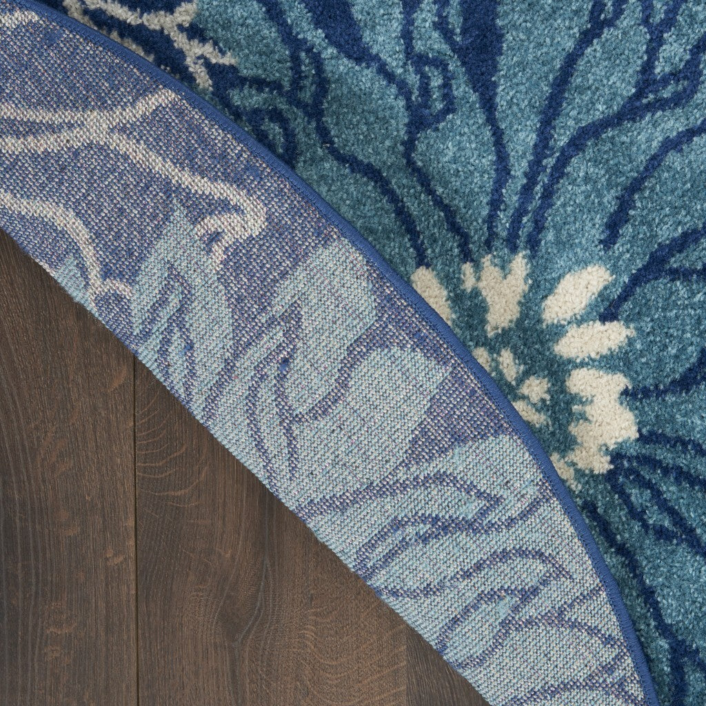 5' Round Navy And Ivory Floral Area Rug