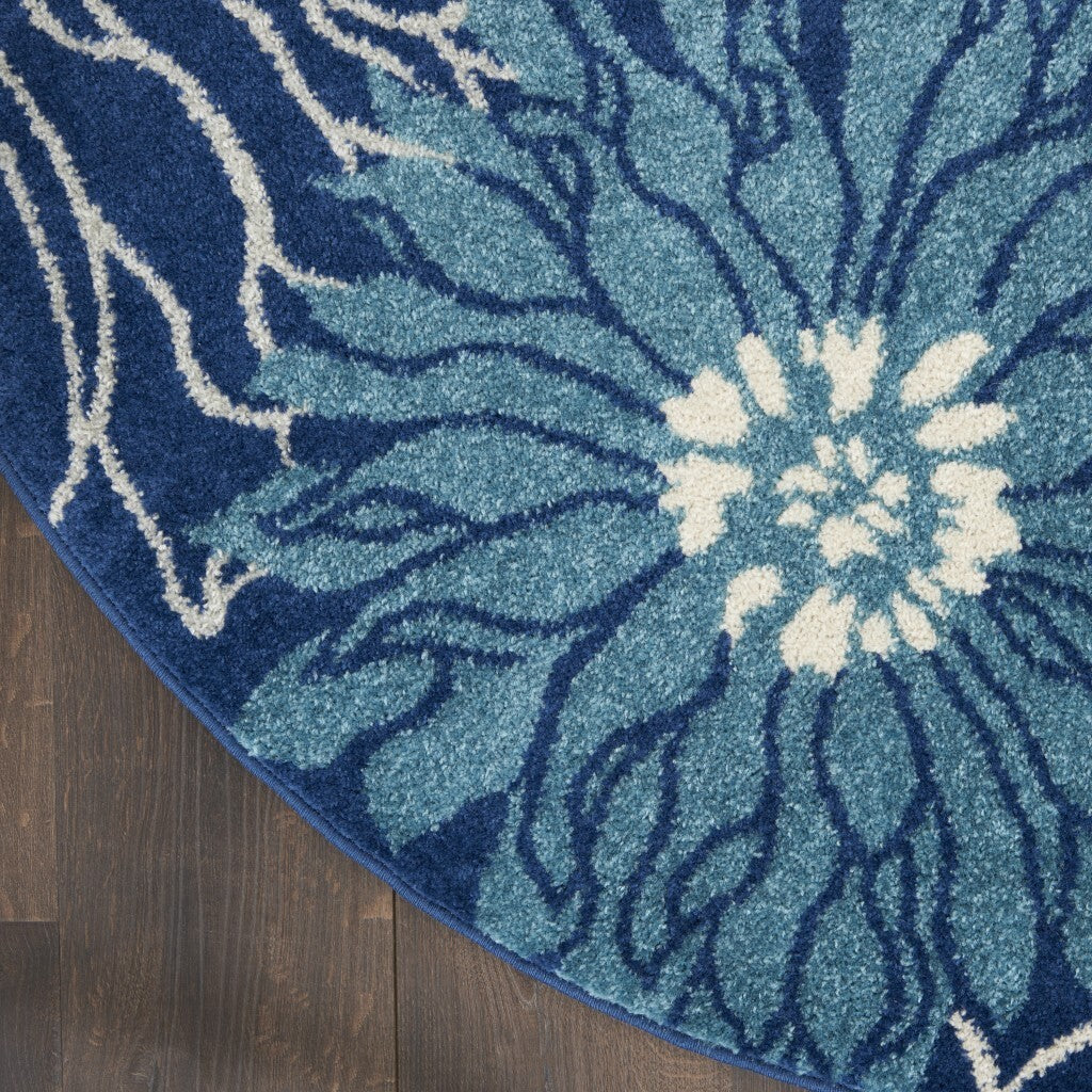 5' Round Navy And Ivory Floral Area Rug