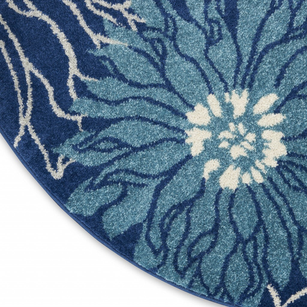 5' Round Navy And Ivory Floral Area Rug