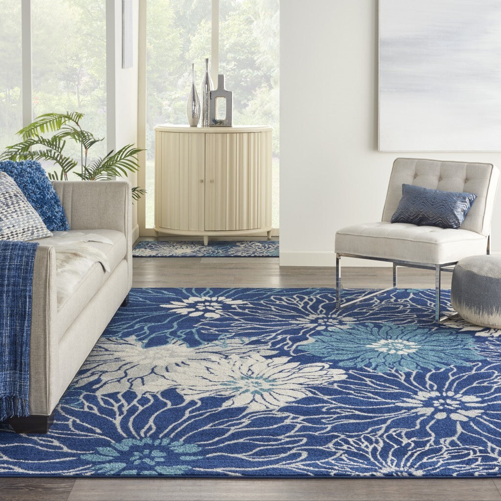 7' X 10' Navy And Ivory Floral Area Rug