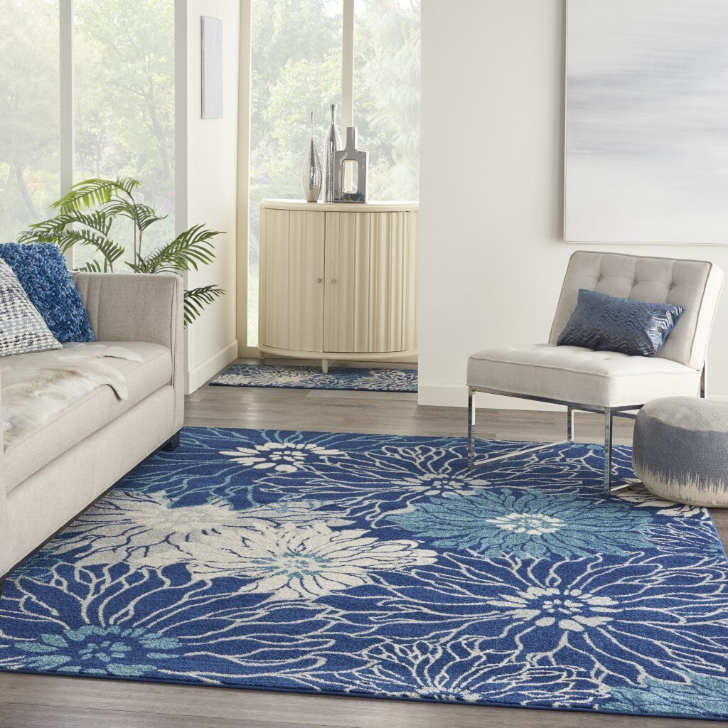 8' X 10' Navy And Ivory Floral Area Rug