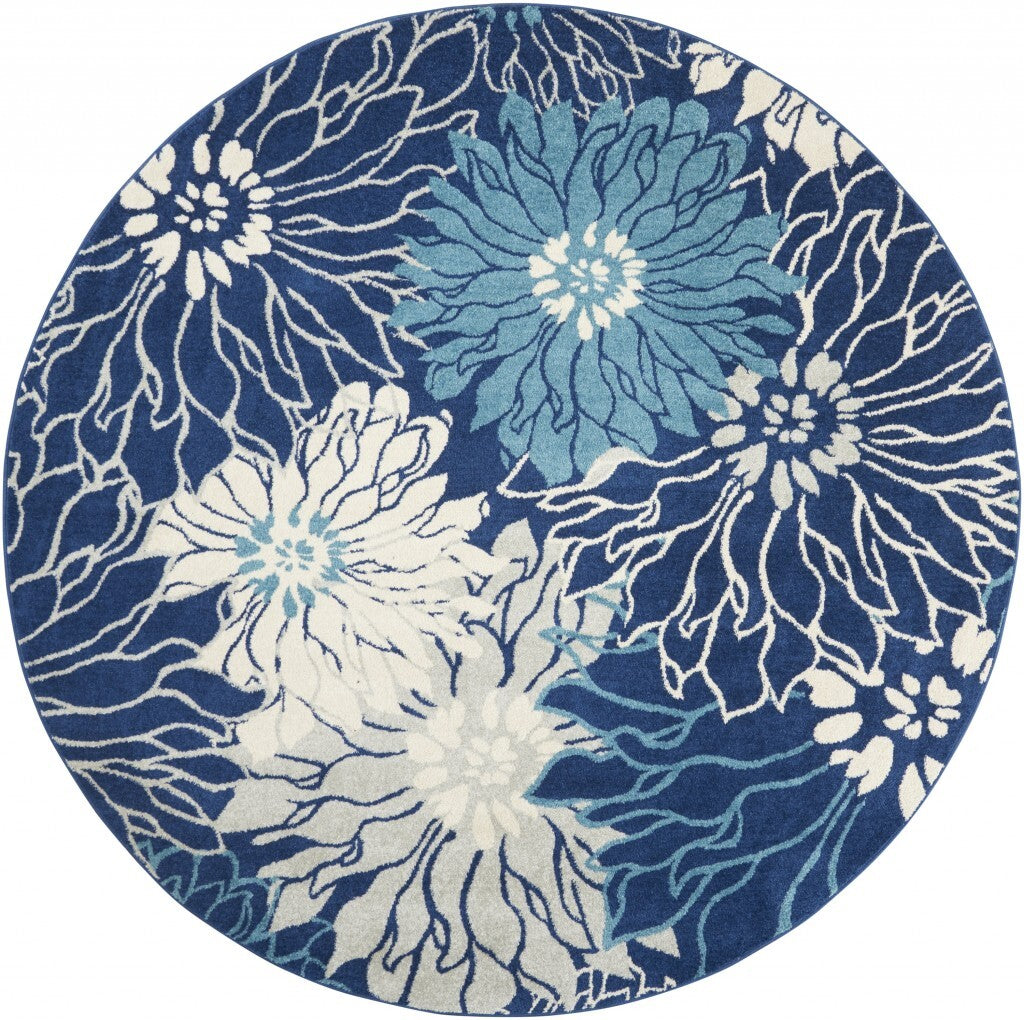 8' Round Navy And Ivory Floral Area Rug