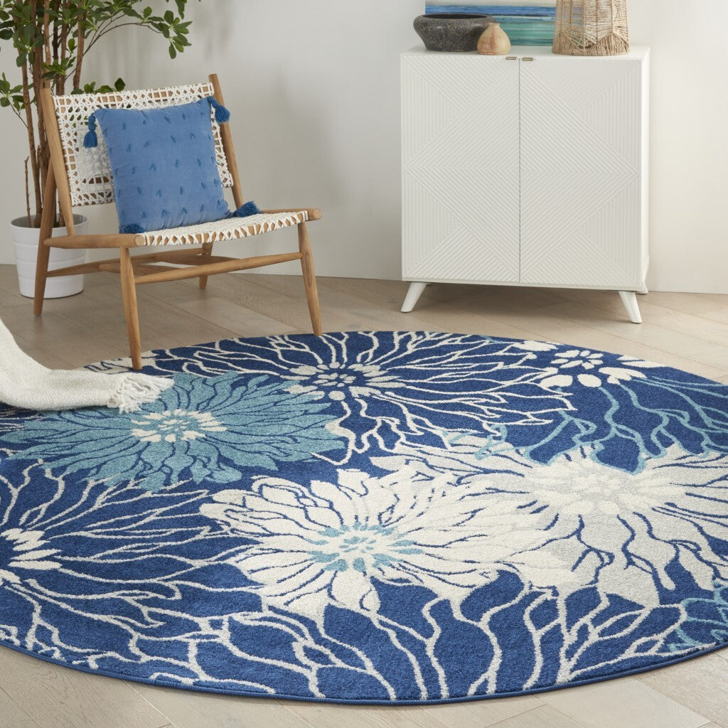 8' Round Navy And Ivory Floral Area Rug