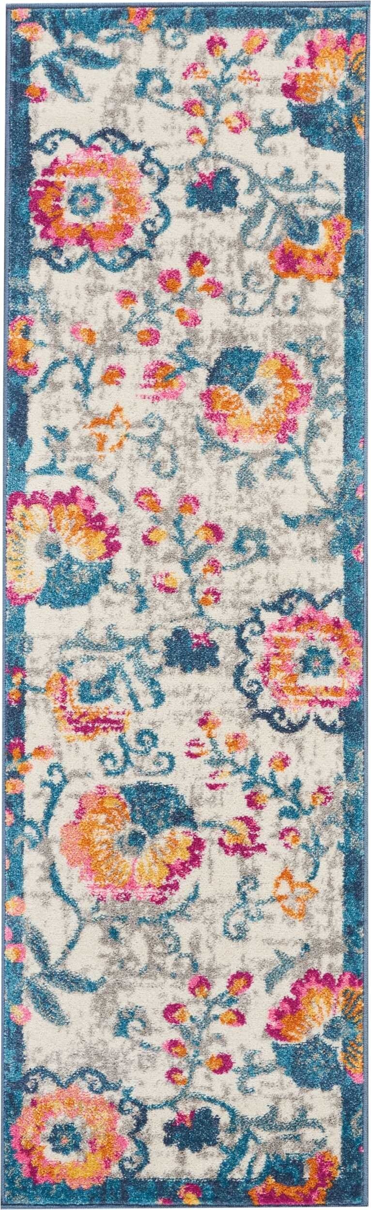 2' X 6' Ivory And Blue Floral Vines Runner Rug