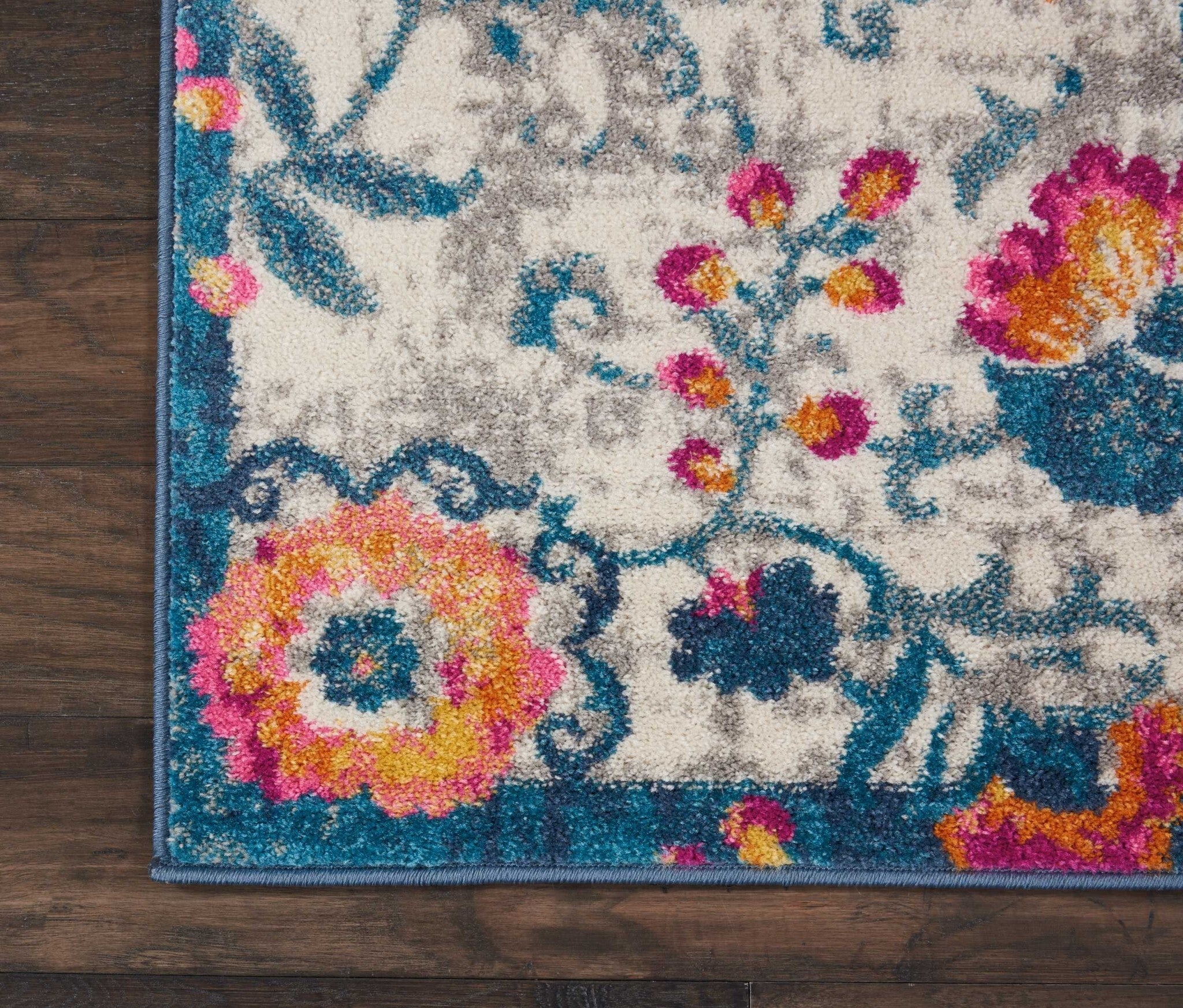 2' X 6' Ivory And Blue Floral Vines Runner Rug