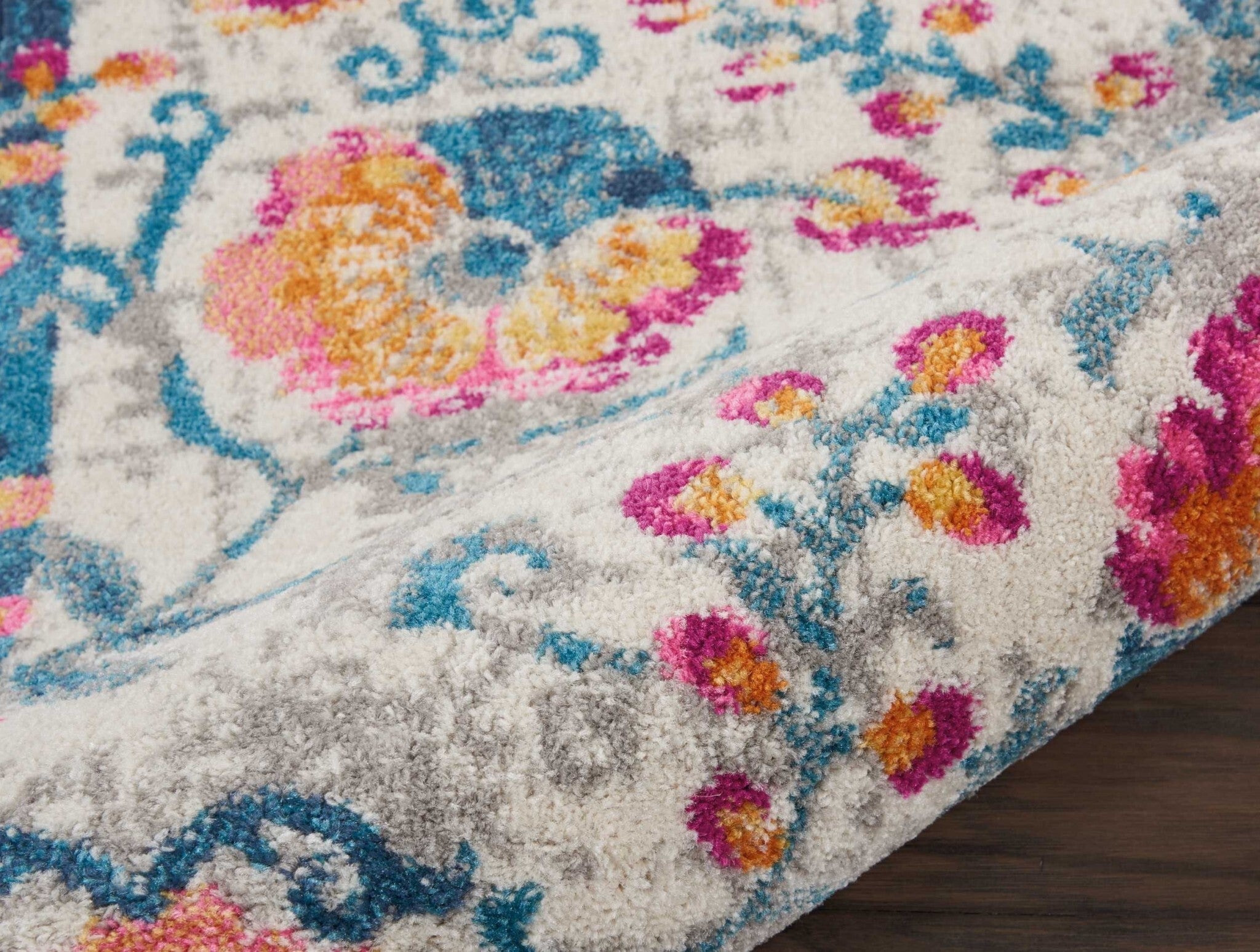 2' X 6' Ivory And Blue Floral Vines Runner Rug