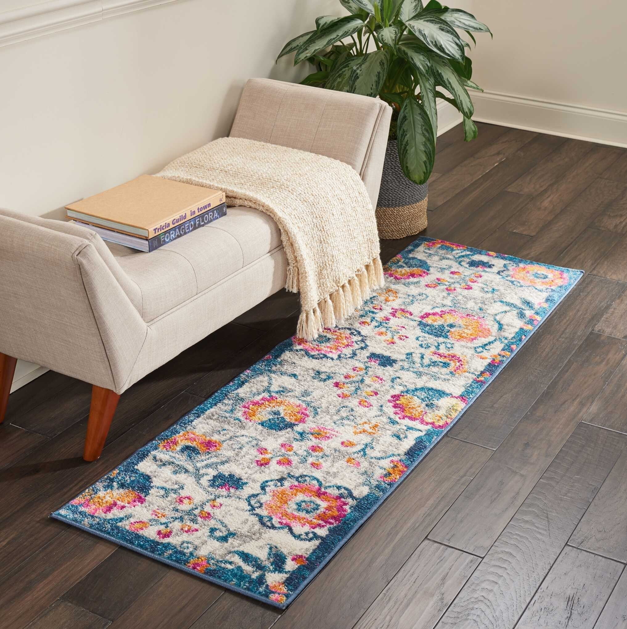 2' X 6' Ivory And Blue Floral Vines Runner Rug