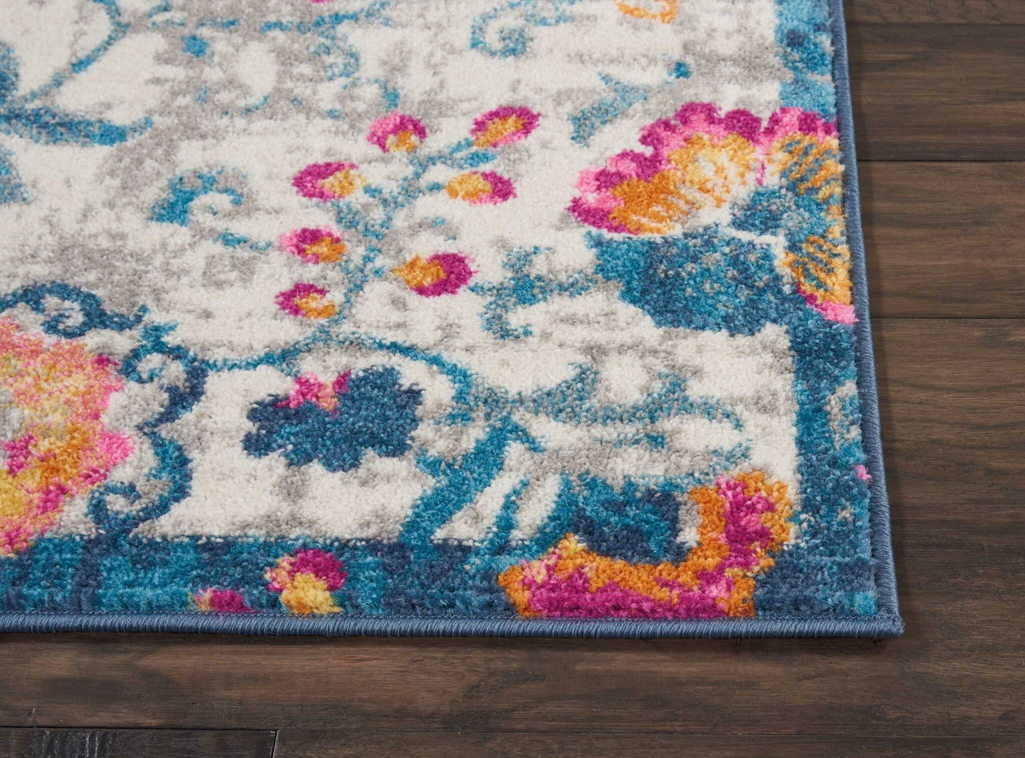 2' X 6' Ivory And Blue Floral Vines Runner Rug
