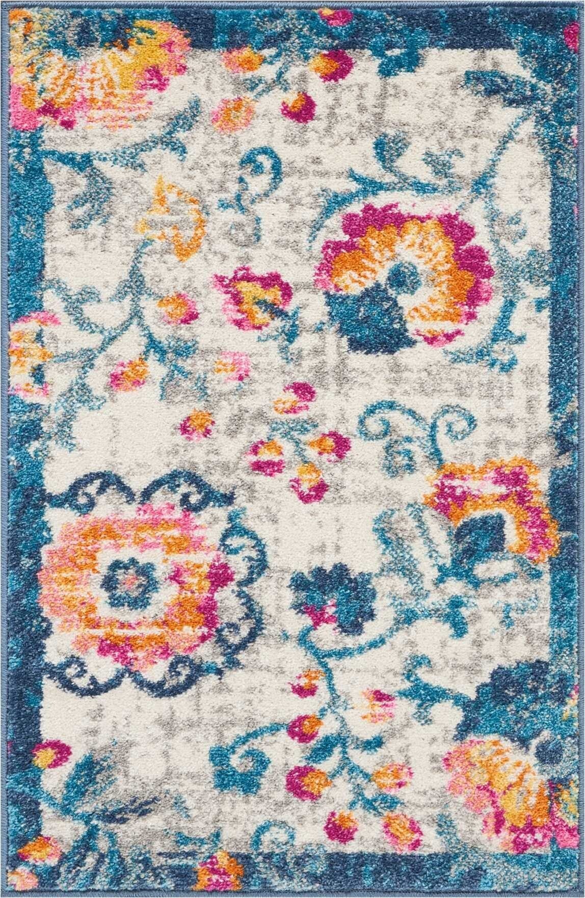 2' X 3' Ivory And Blue Floral Vines Scatter Rug