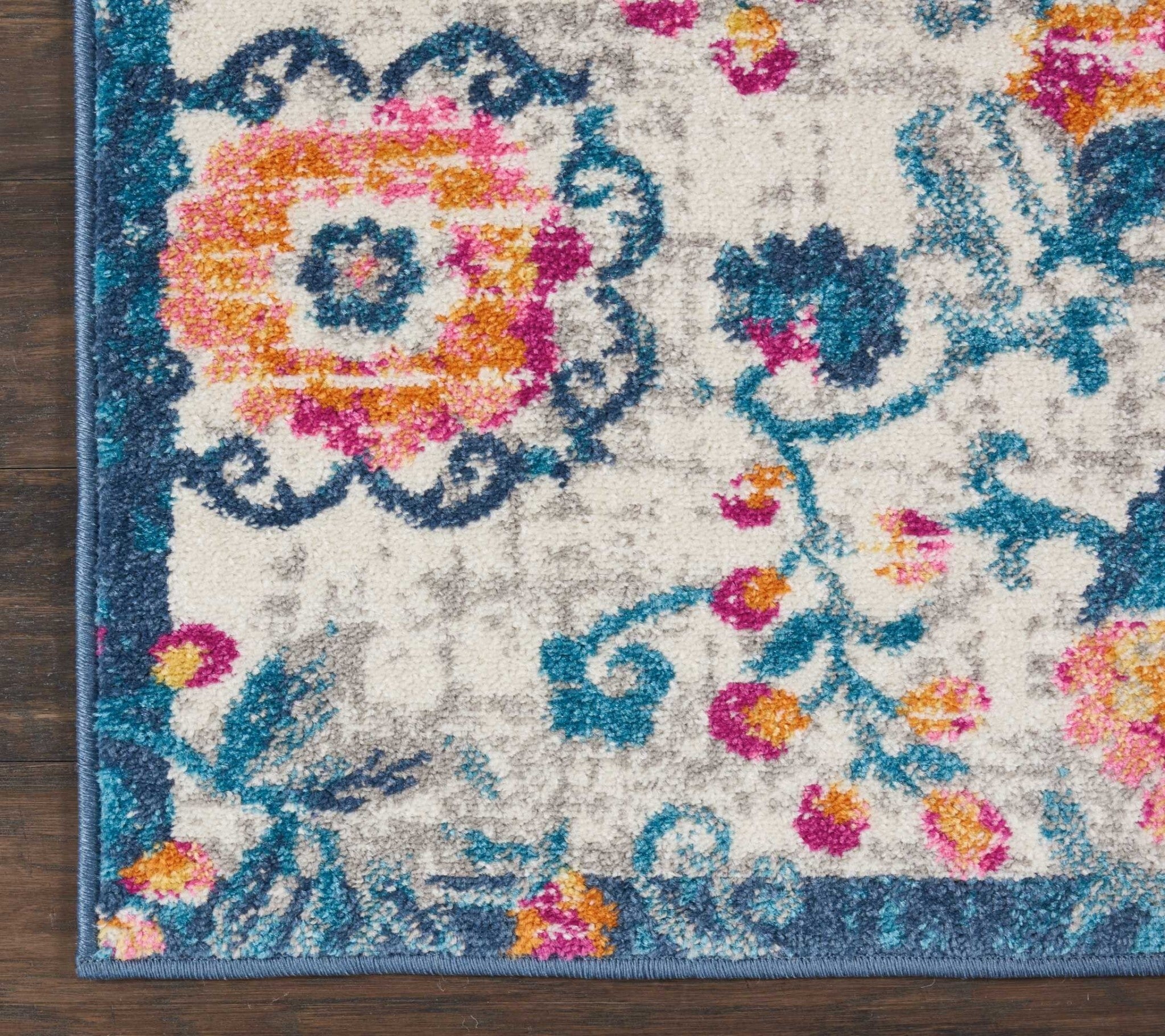 2' X 3' Ivory And Blue Floral Vines Scatter Rug