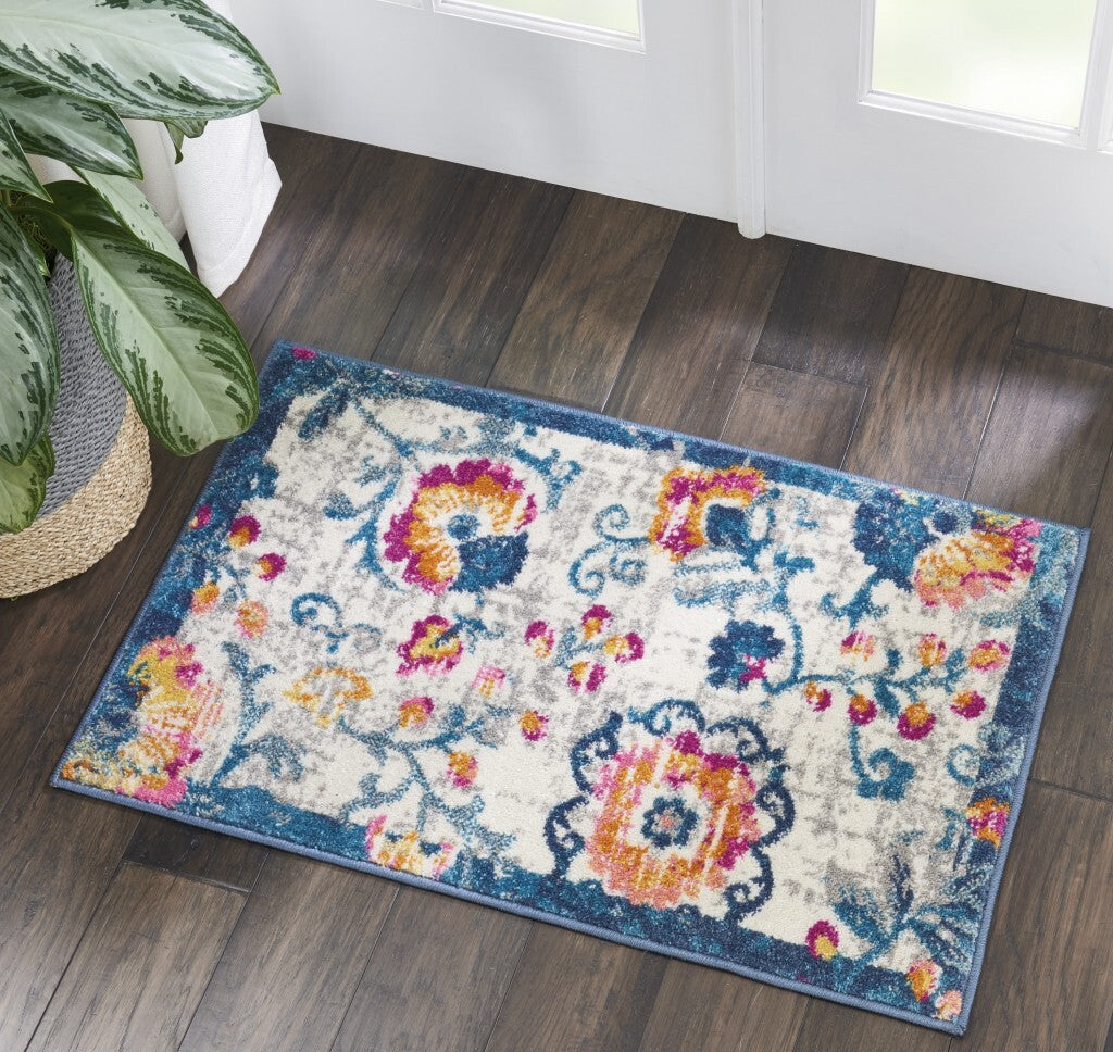 2' X 3' Ivory And Blue Floral Vines Scatter Rug