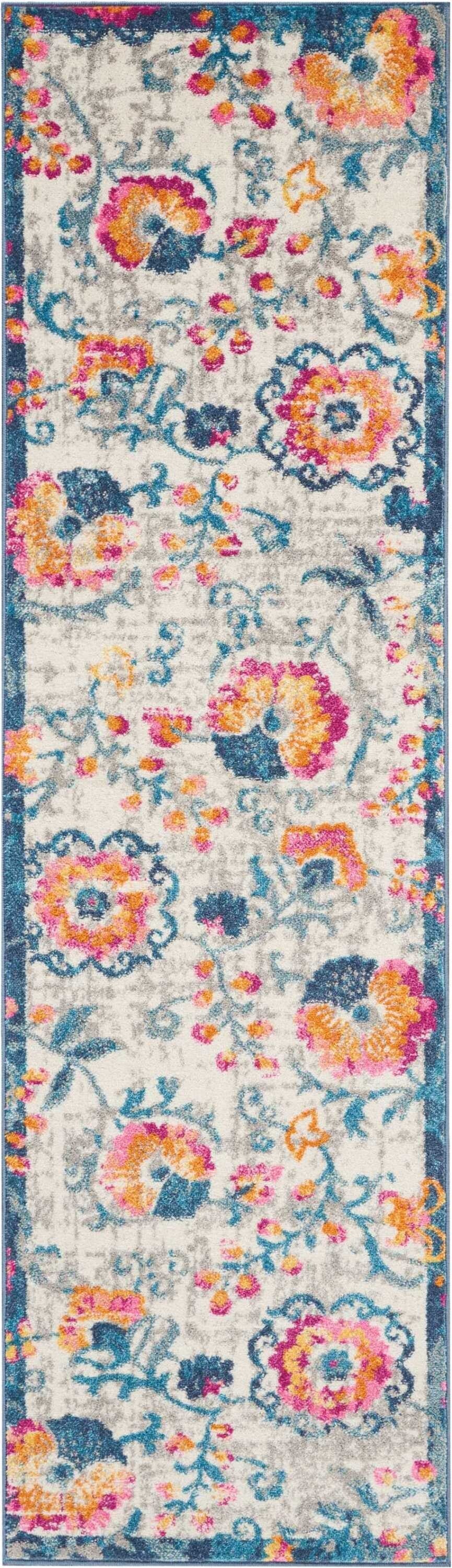 2' X 8' Ivory And Blue Floral Vines Runner Rug