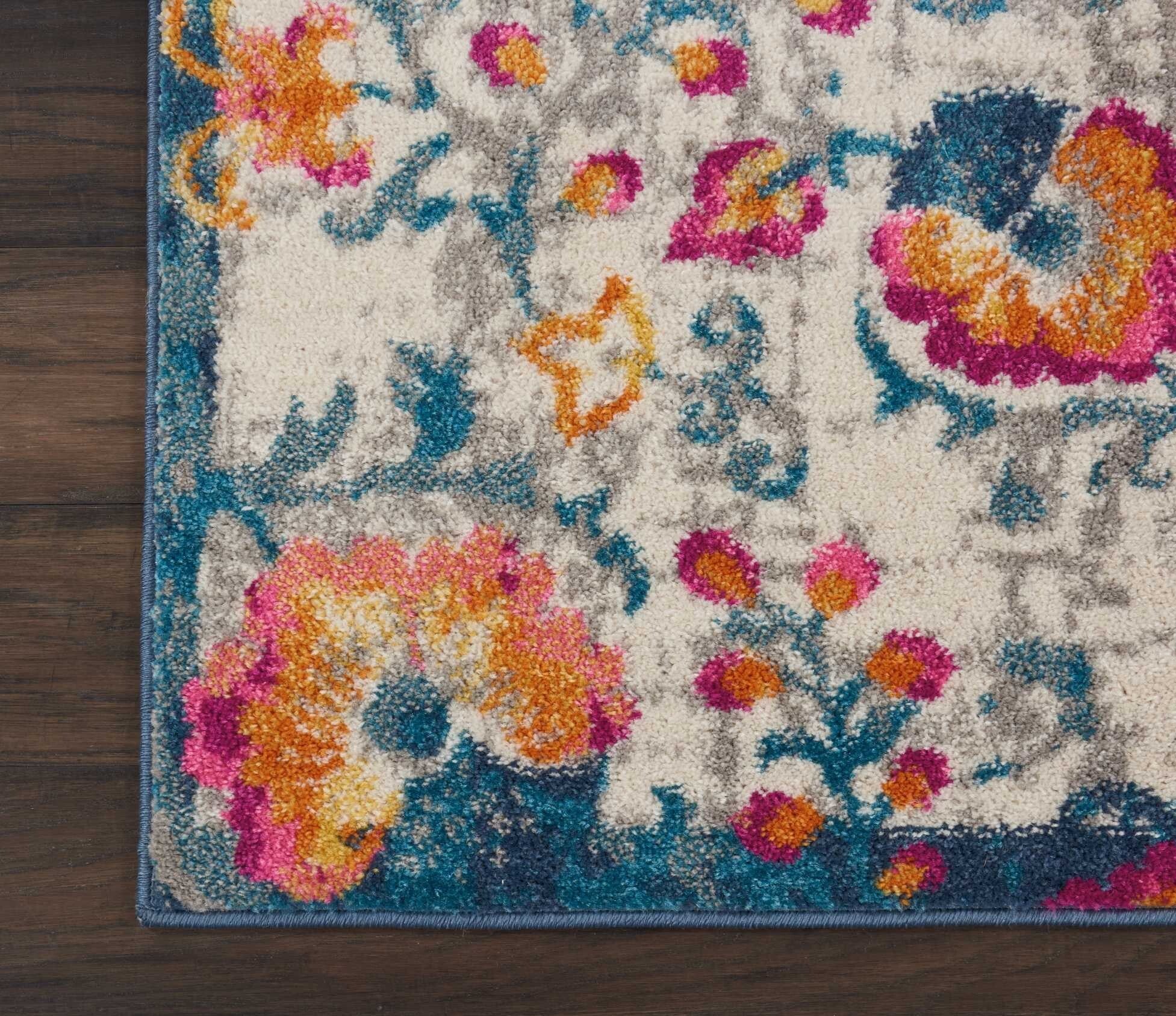 2' X 8' Ivory And Blue Floral Vines Runner Rug