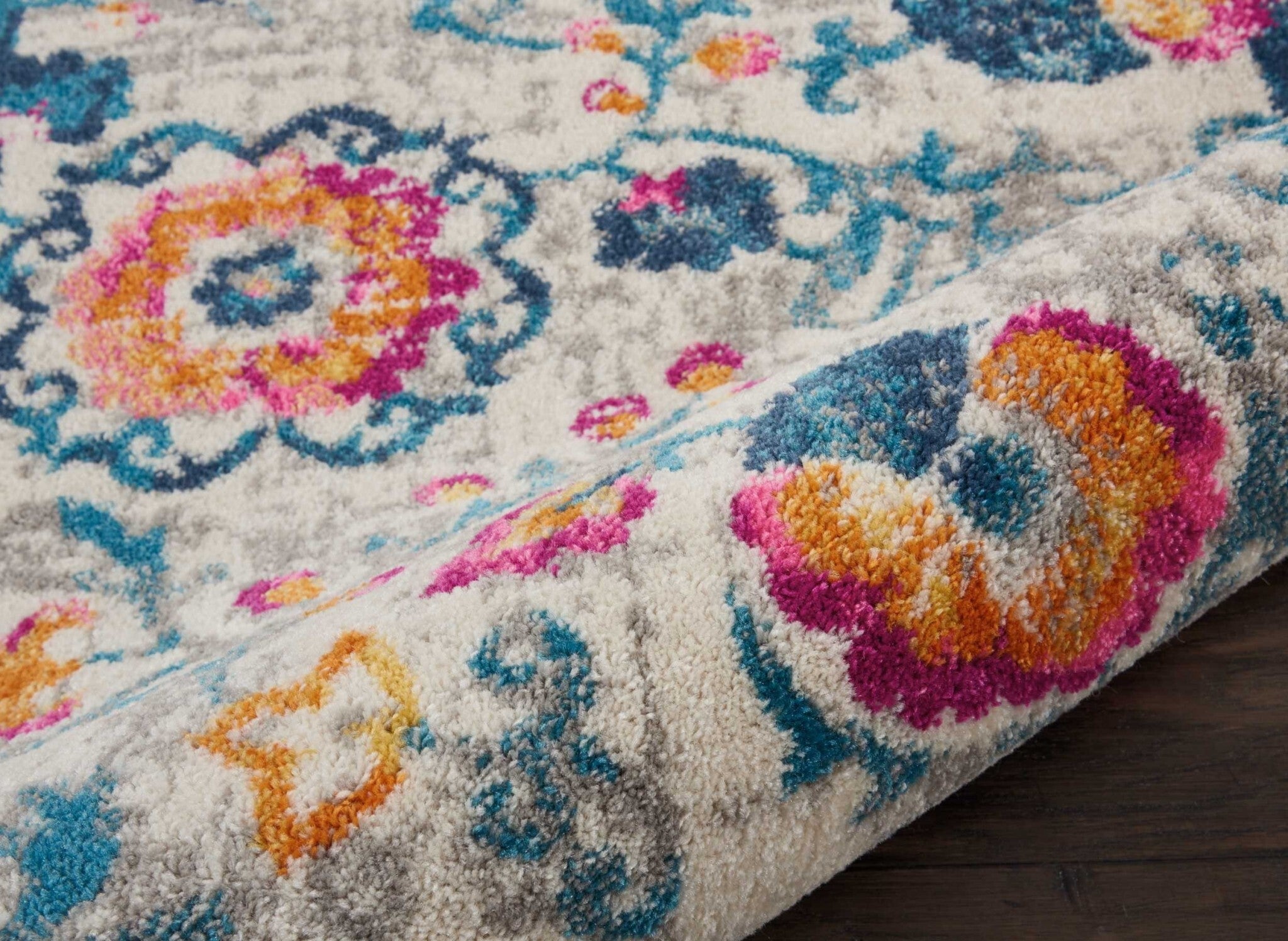 2' X 8' Ivory And Blue Floral Vines Runner Rug