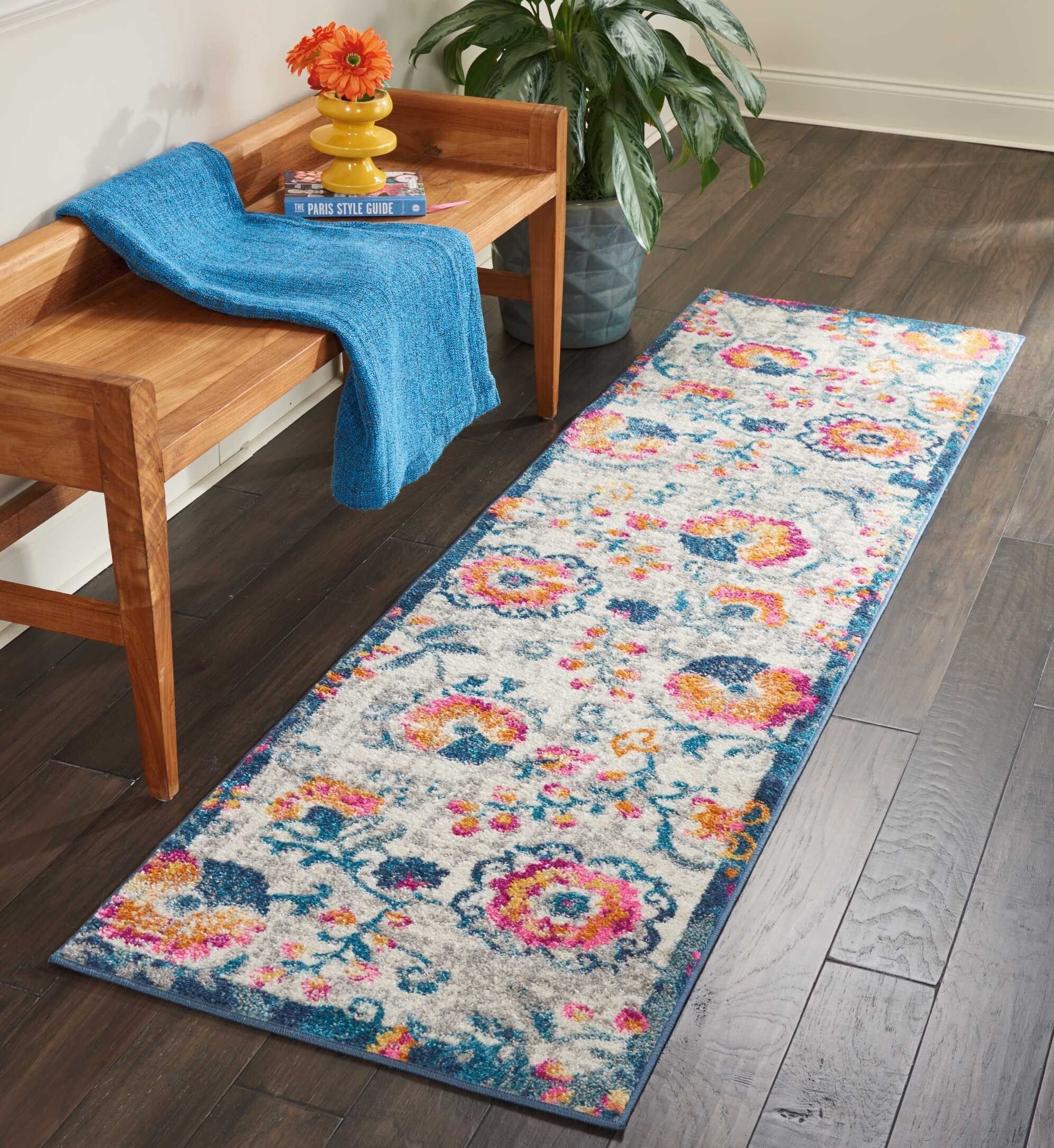 2' X 8' Ivory And Blue Floral Vines Runner Rug