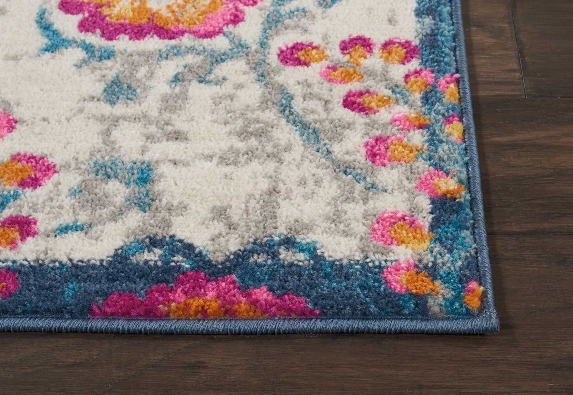 2' X 8' Ivory And Blue Floral Vines Runner Rug