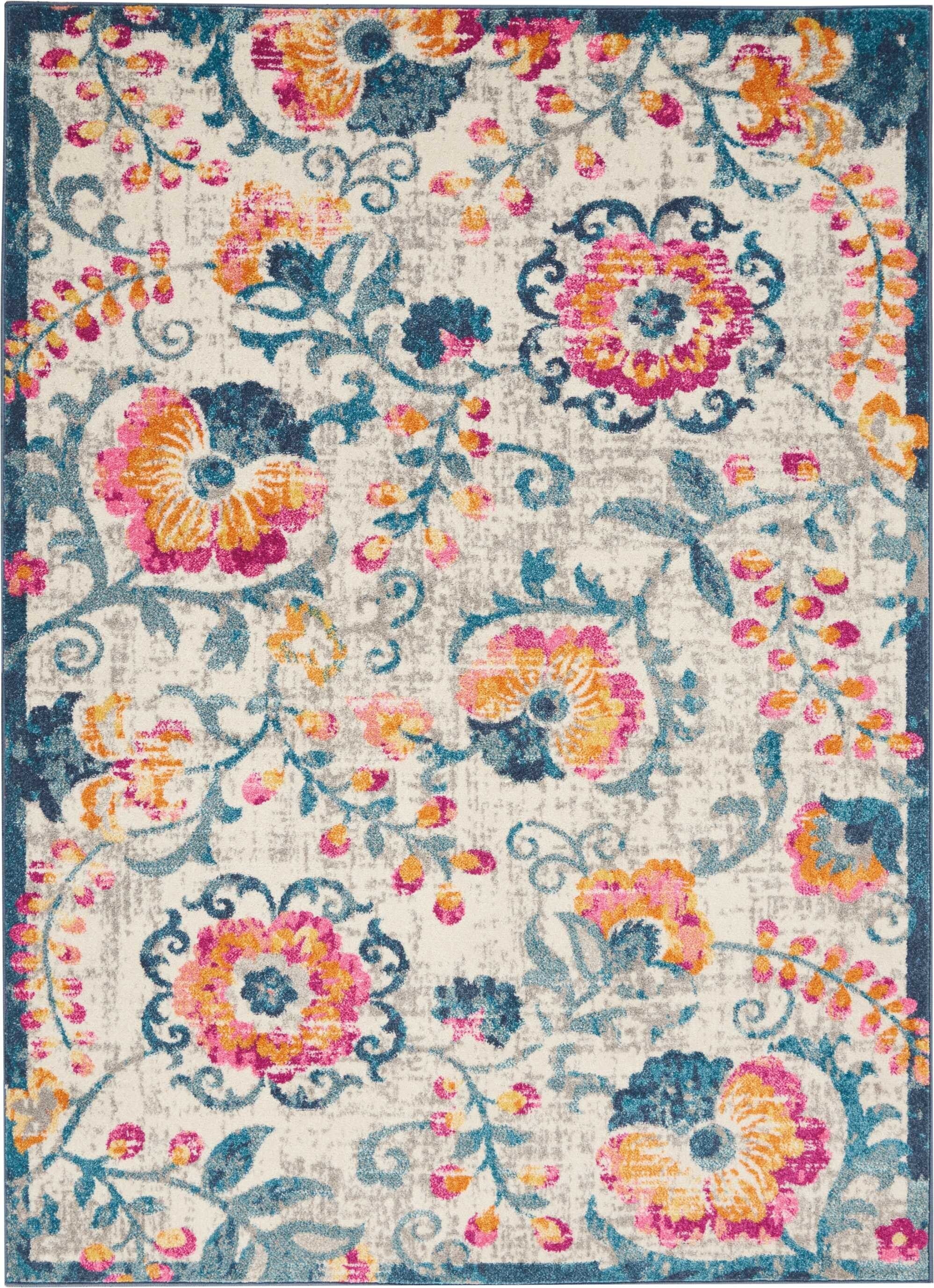 5' X 7' Ivory And Blue Floral Vines Area Rug