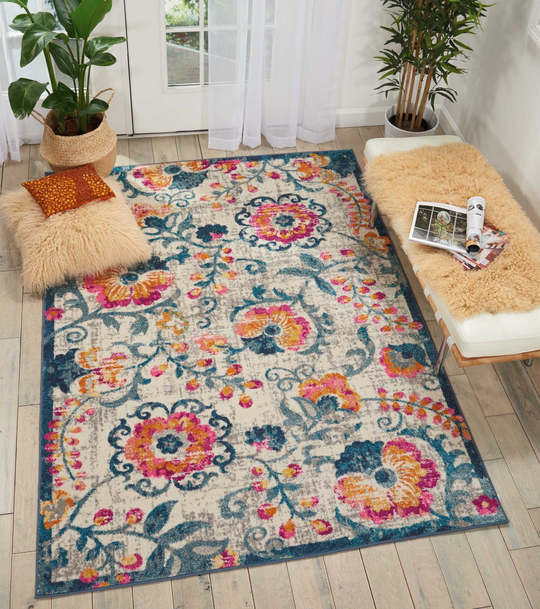 5' X 7' Ivory And Blue Floral Vines Area Rug