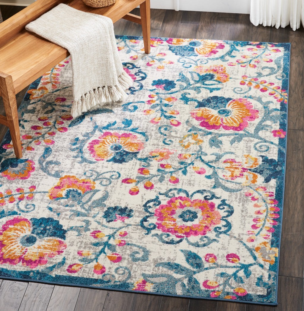 5' X 7' Ivory And Blue Floral Vines Area Rug