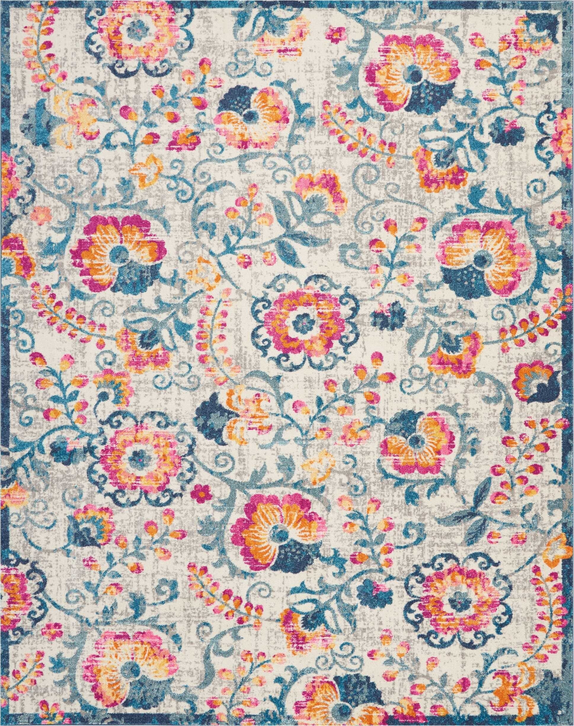 8' X 10' Ivory And Blue Floral Vines Area Rug