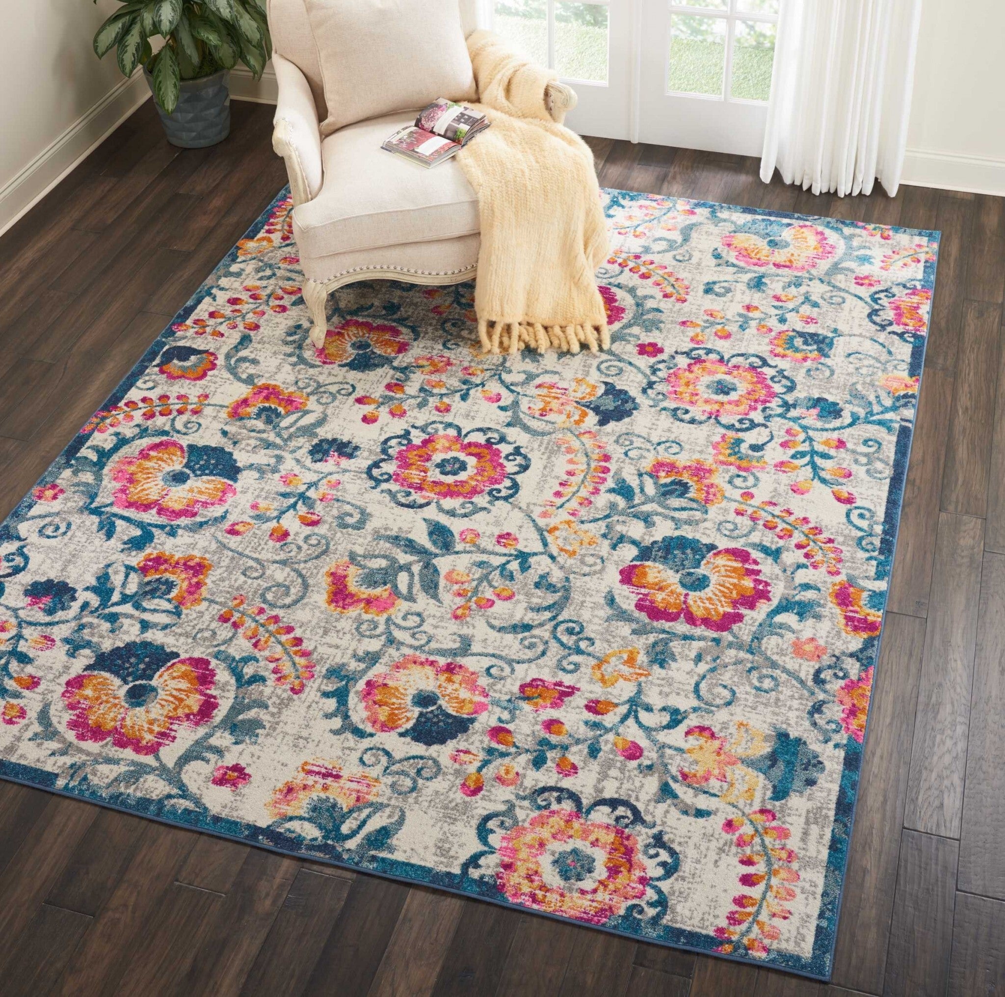 8' X 10' Ivory And Blue Floral Vines Area Rug