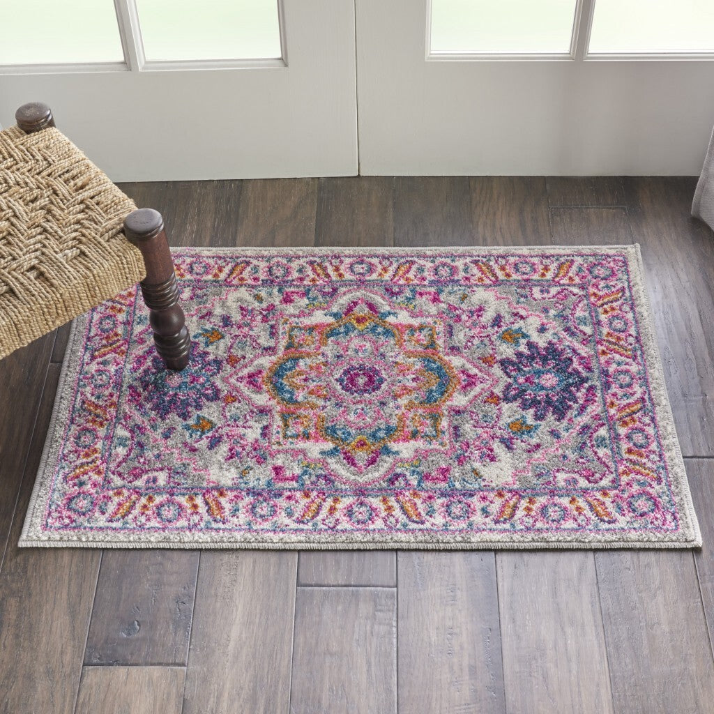 2' X 3' Light Gray And Pink Medallion Scatter Rug