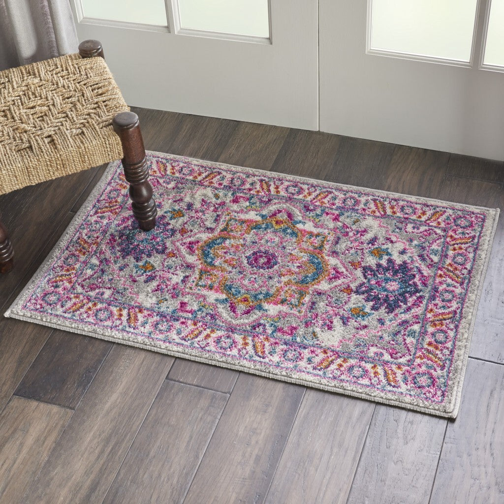 2' X 3' Light Gray And Pink Medallion Scatter Rug