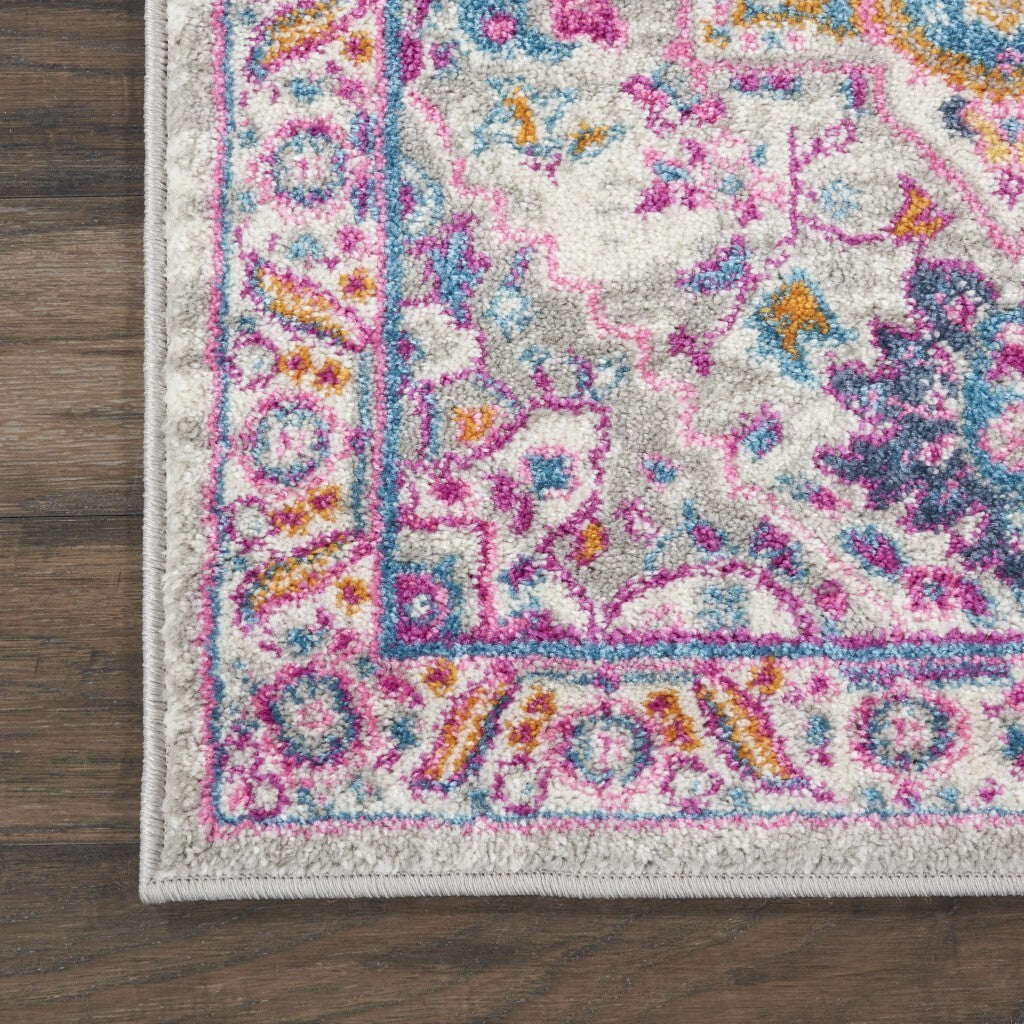 2' X 6' Light Gray And Pink Medallion Runner Rug