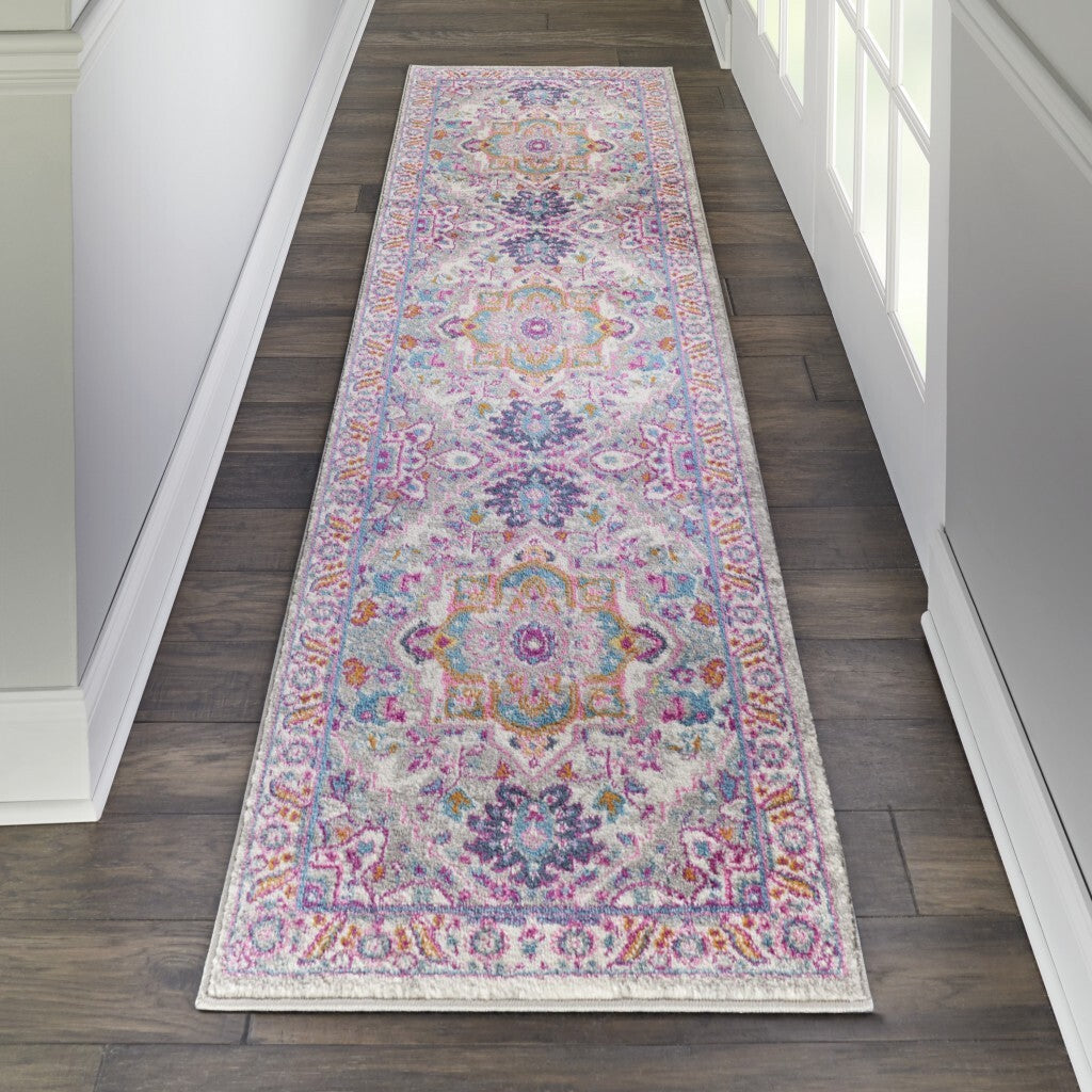 2' X 10' Light Gray And Pink Medallion Runner Rug