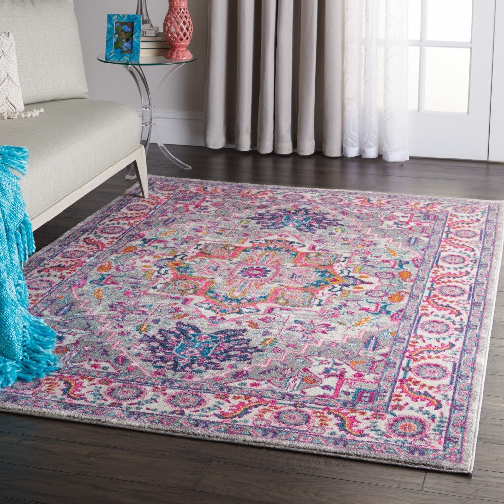 4' X 6' Light Gray And Pink Medallion Area Rug
