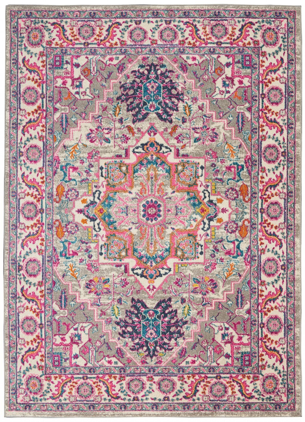 5' X 7' Light Gray And Pink Medallion Area Rug
