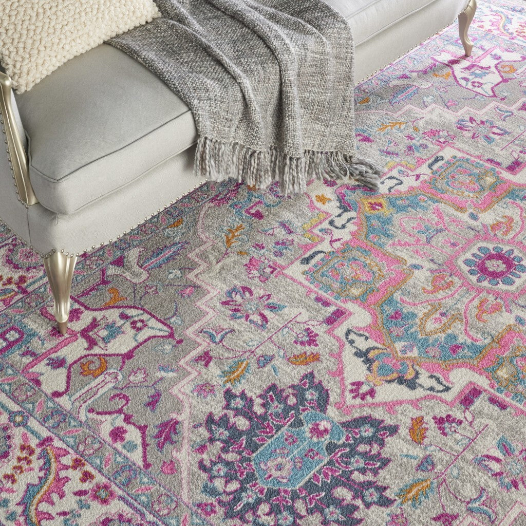 8' X 10' Light Gray And Pink Medallion Area Rug
