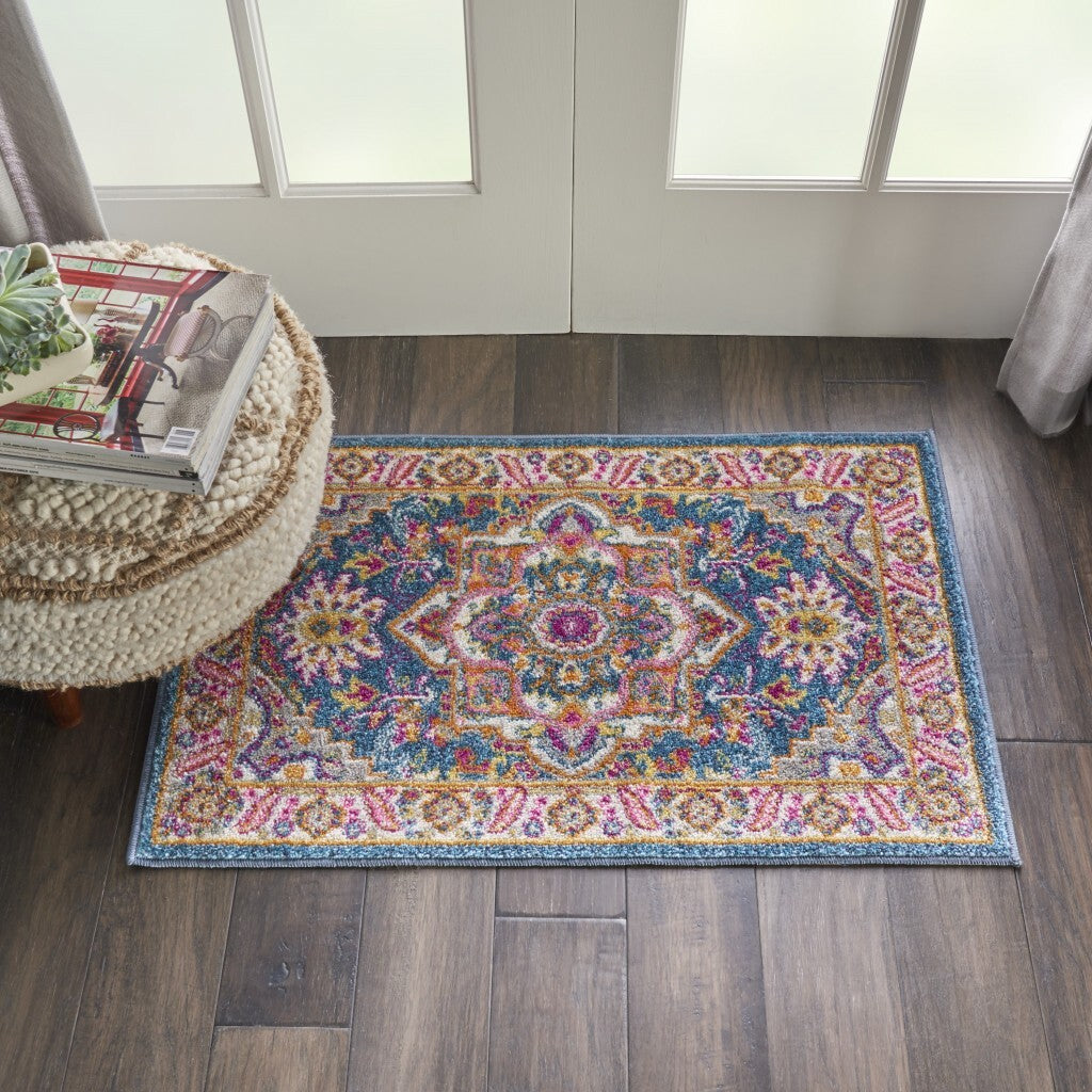 2' X 3' Teal And Pink Medallion Scatter Rug