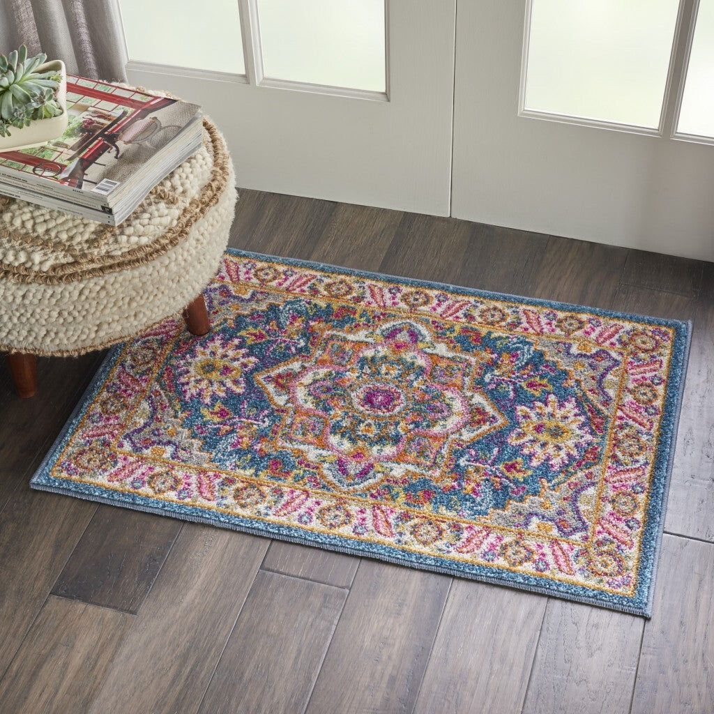 2' X 3' Teal And Pink Medallion Scatter Rug