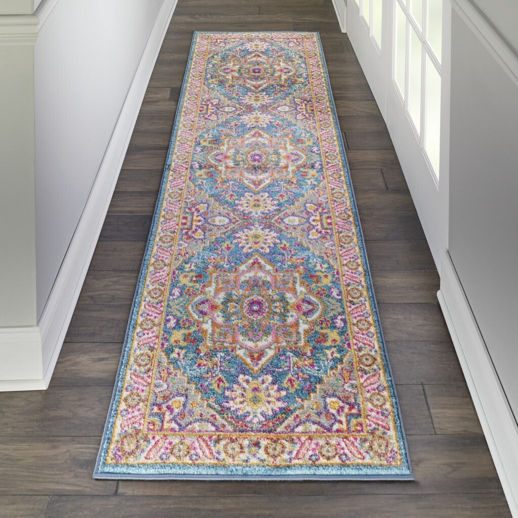 2' X 8' Teal And Pink Medallion Runner Rug