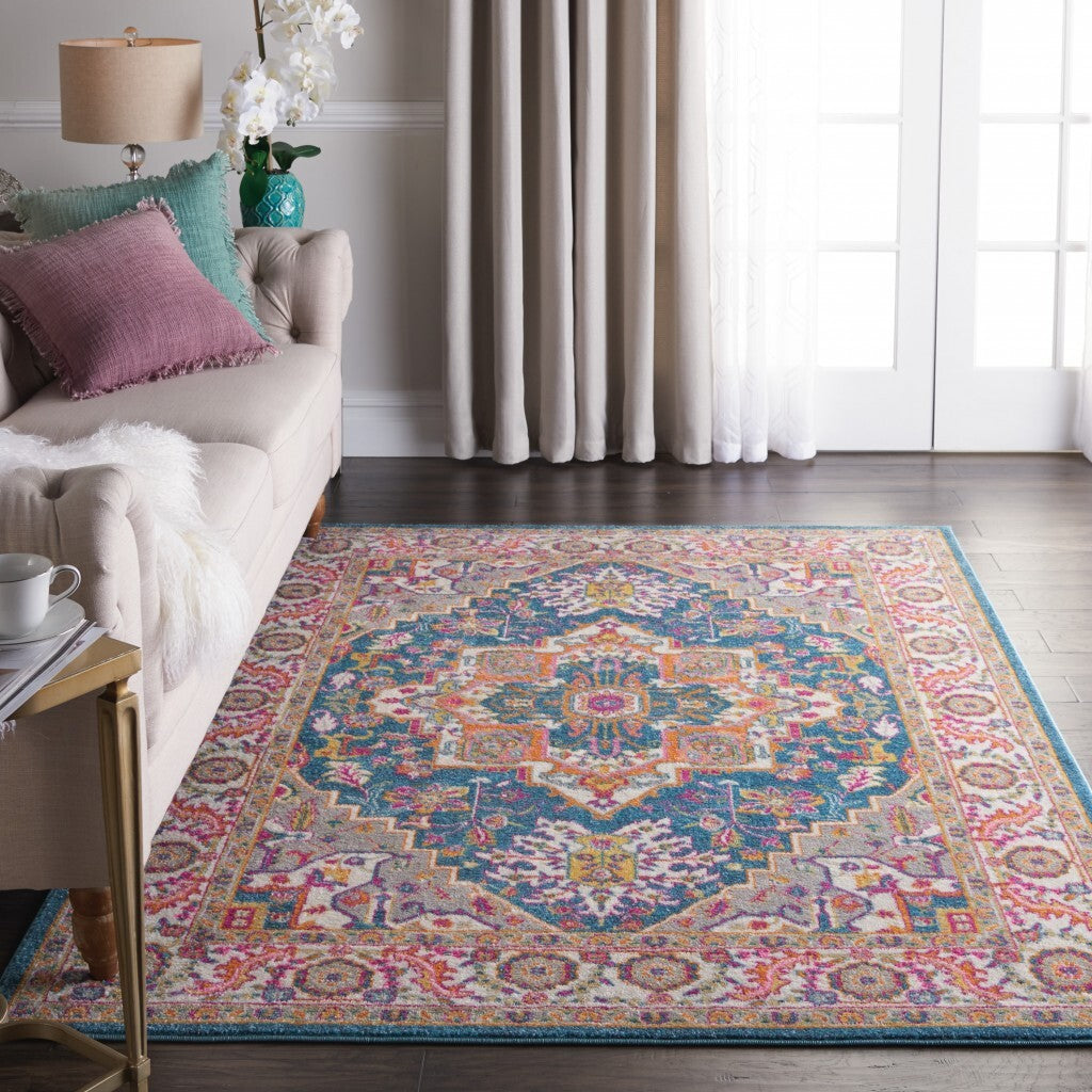 4' X 6' Teal And Pink Medallion Area Rug