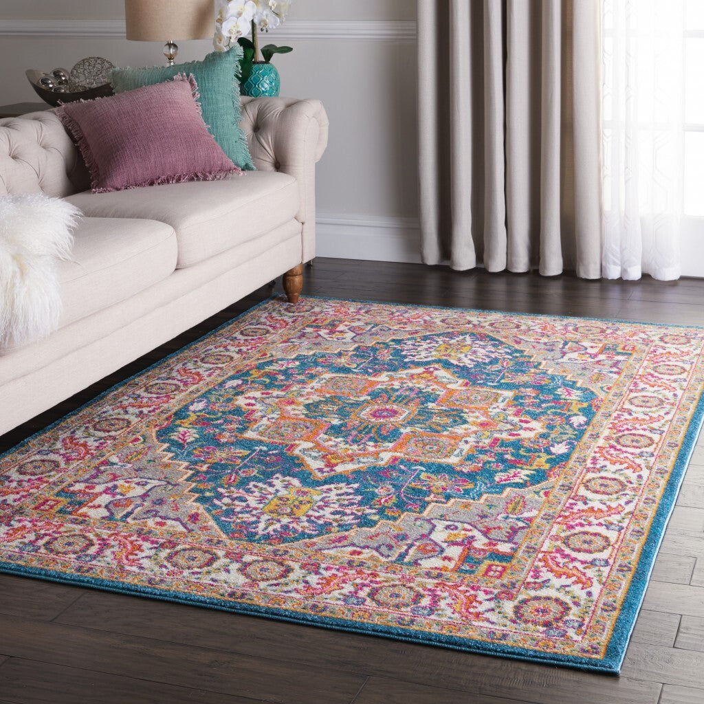 4' X 6' Teal And Pink Medallion Area Rug