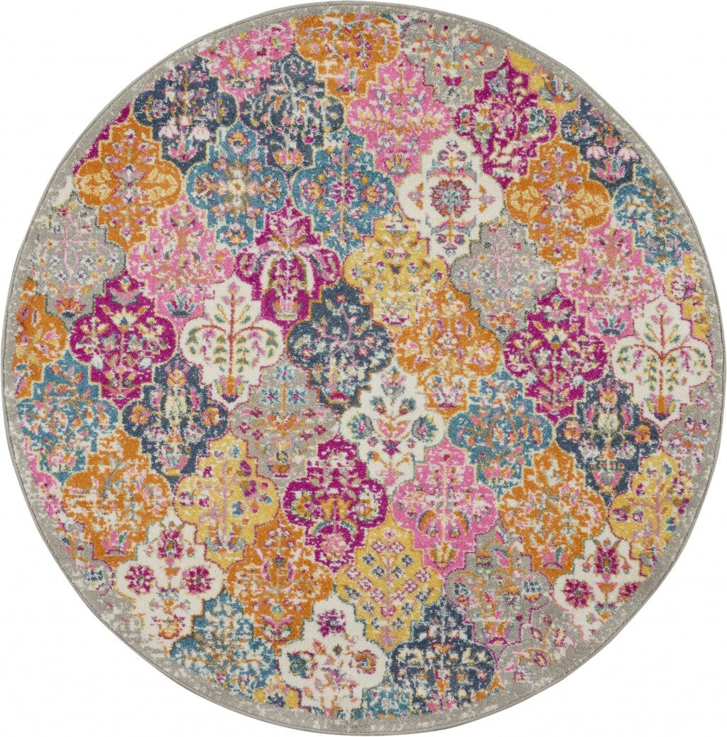 4' Round Muted Brights Floral Diamond Area Rug