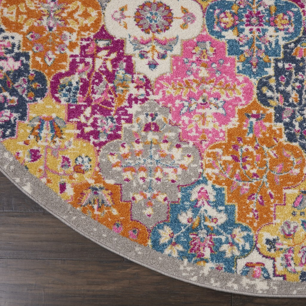 4' Round Muted Brights Floral Diamond Area Rug