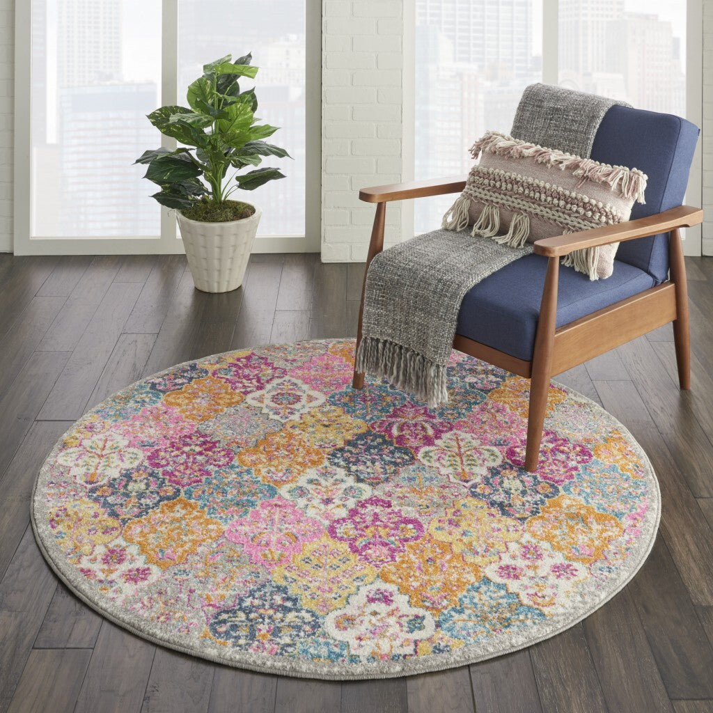 4' Round Muted Brights Floral Diamond Area Rug