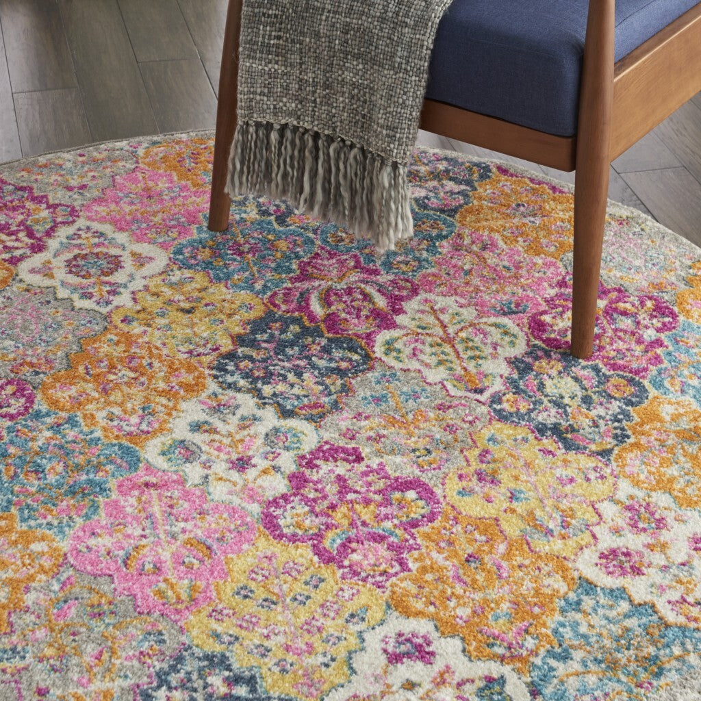 4' Round Muted Brights Floral Diamond Area Rug