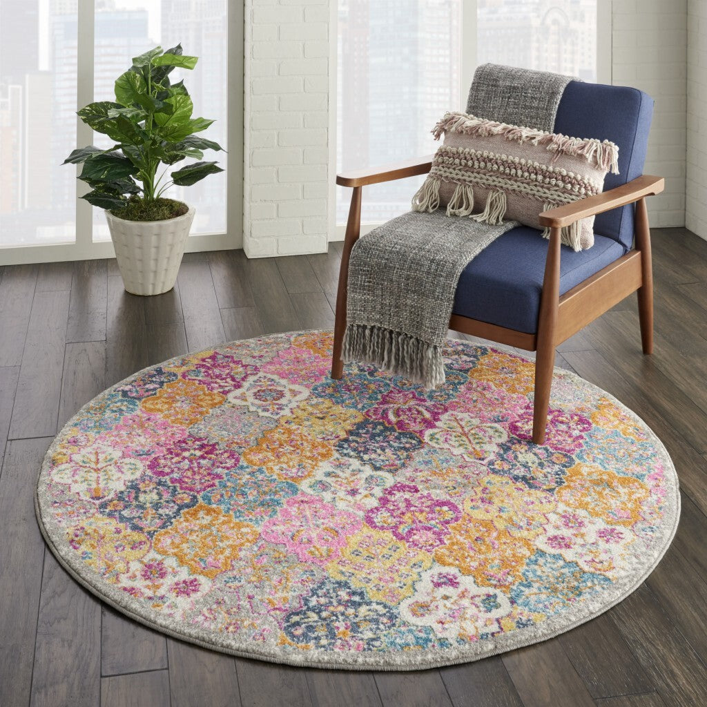 4' Round Muted Brights Floral Diamond Area Rug