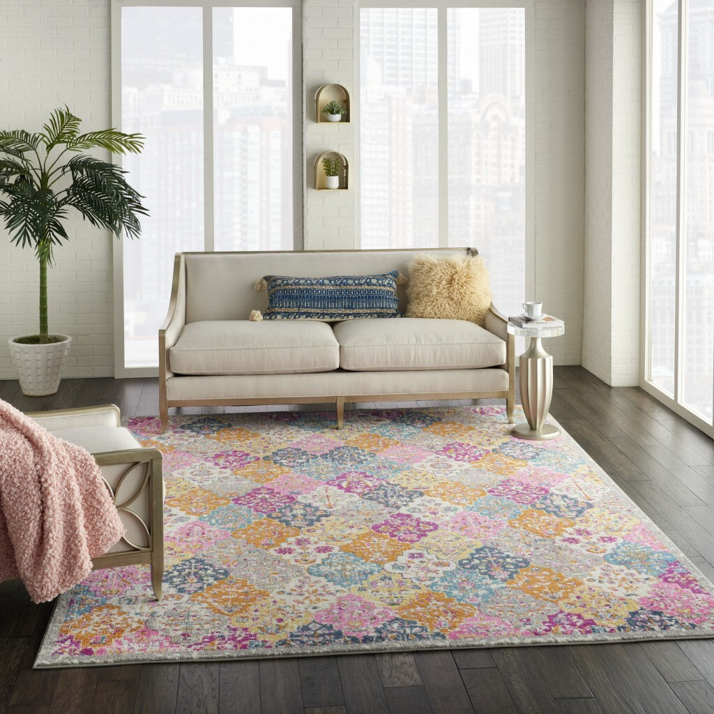 7' X 10' Muted Brights Floral Diamond Area Rug