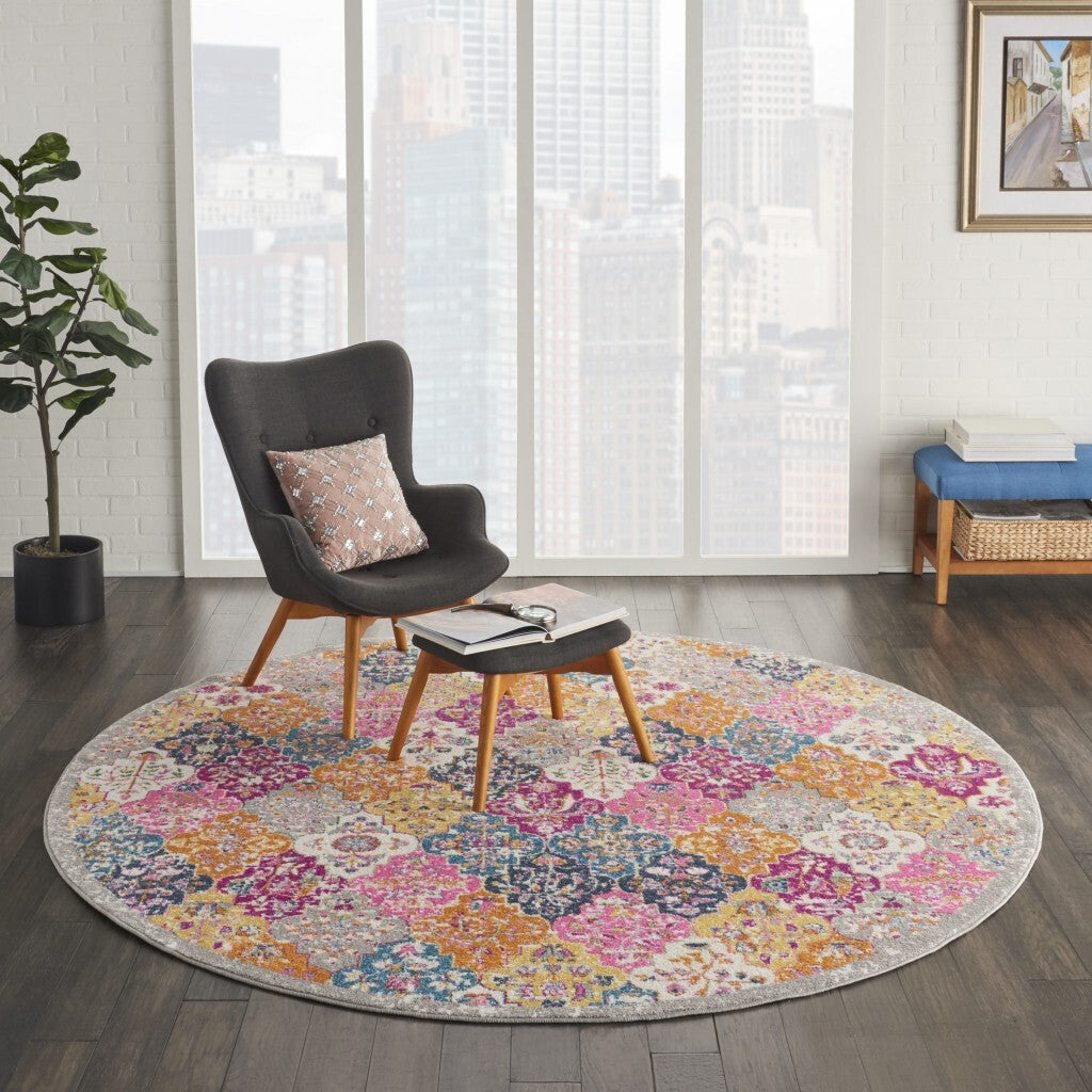 8' Round Muted Brights Floral Diamond Area Rug